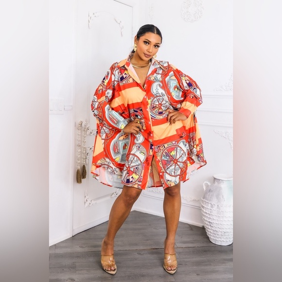 Vibrant Orange and Blue Patterned Shirt Dress - Picture 2 of 2